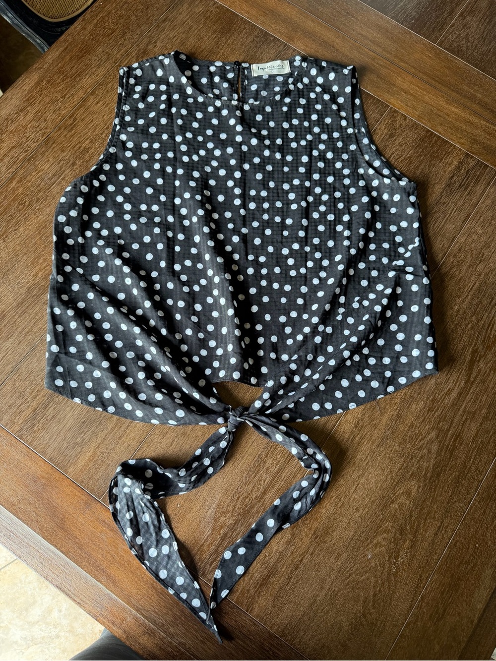 Impressions Polka Dot Tie-Front Sleeveless Top - Black/White